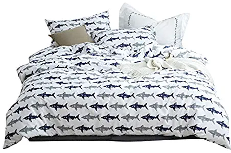 【Latest Arrival】 Shark Whale Animal Cartoon Children Kids Duvet Cover Set Twin 3 Pieces Stripes Cute Comforter Cover Navy Blue with 2 Pillow Shams for Adults Teens Toddler,NO Comforter NO Sheet