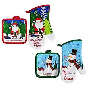 coking Santa Claus 6 Piece Christmas Green and Red Oven 2 Mitt and 4 Pot Holder Set