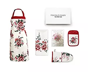 Perfect Present For Mothers, Ideal Mothers Kitchen Linen Set. Set Include Greeting Card, Bib Apron, Oven Mitt, Pot Holder, Kitchen Towel.Beautiful Flower Design, 100 Percent Cotton.