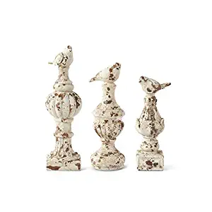 K&K Interiors Set of 3 White Washed Finials with Birds On Top