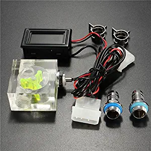 Glowry New DIY Water Liquid Cooling 3 Way Flow Meter Indicator With Blue LED Thermometer G1/4 3/8" Barb Fitting