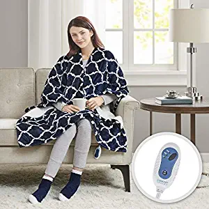 Comfort Spaces Plush to Sherpa Electric Wrap Blanket and Socks Set Ultra Soft Warm Reversible Heated Poncho Throw, 50" W x 64" L, Ogee Navy