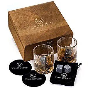 Whiskey Stones Gift Set w/ 8 Granite Whiskey Rocks,2 Crystal Whiskey Glasses & Velvet Bag by EMcollection|Reusable Cooling Ice Cubes|Chill Your Scotch & Cold Drinks|Packed in Elegant Wooden Box