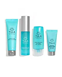 TULA Probiotic Skin Care Clear Complexion Kit | Travel-friendly Set with Facial Cleanser, Aqua Infusion Gel Cream, Glycolic Resurfacing Gel & Exfoliating Mask for Moisturized and Youthful Skin