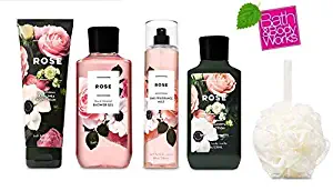 Bath and Body Works ROSE Deluxe Gift Set Lotion ~ Cream ~ Fragrance Mist ~ Shower Gel + FREE Shower Sponge Lot of 5