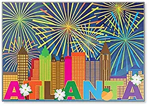 Atlanta Skyline Coloured Fireworks Illustration Fridge Magnet