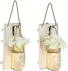 Artmag Rustic Mason Jar Wall Sconces Set for Home Farmhouse Bathroom Decor Decorations 6-Hour Timer,Decorative Hanging House with LED Strip Lights(Set of 2,White)