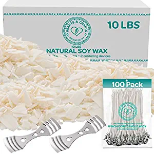 Hearts and Crafts Soy Wax and DIY Candle Making Supplies | 10lb Bag With 100 6-Inch Pre-Waxed Wicks, 2 Centering Devices