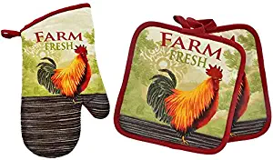 Cute Rooster Themed Oven Mitt and Pot Holders. Heat Resistant, Great for BBQ, Cooking, and Baking. Home Collection Springtime Beautifully Designed Kitchen Linen. Set of 3