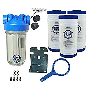 KleenWater Premier Whole House Water Filter System with 3/4 Inch Inlet/Outlet, Dirt Sediment Cartridges 4.5 x 9.75 Inch (3), Transparent Housing (1), Bracket (1) & Wrench (1)