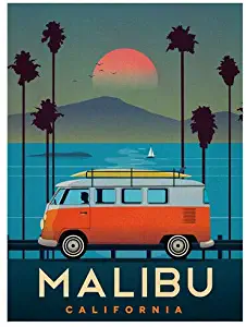 MAGNET 3x4 inch Vintage Art MALIBU VW Bus STICKER - surf california ca old beach travel Magnetic vinyl bumper sticker sticks to any metal fridge, car, signs