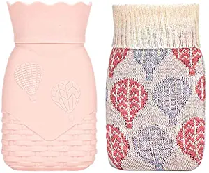 Hot Water Bottle Hand Warmer Heater Silicone BPA Free Bag Big Cute for Neck and Shoulder Pain Relief Period Ice Pack Leak Proof with Knit Cover (Pink Short)