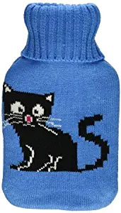 Premium Classic Rubber Hot Water Bottle w/Cute Knit Cover (1 Liter, Blue/Blue with Black Cat)