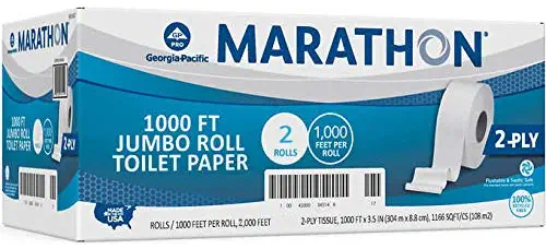 Marathon Jumbo Roll 100% Recycled Bath Tissue Toiler Paper 2-Ply 1000ft. Rolls - 2 Pack