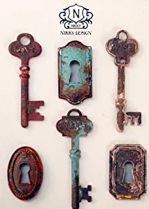 6 PC Faux Vintage Distressed Skeleton Key & Lock Magnet Set - Love, Dreams, Wish