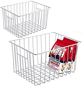 Slideep Refrigerator Freezer Storage Organizer Basket, Deep Wire Household Bins Container with Handles for Kitchen, Pantry, Freezer, Cabinet, Car, Bathroom - Pearl White, Set of 2