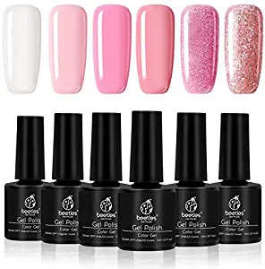 Beetles Pale Pink and Glitter Gel Polish French Manicure - White Gel Nail Polish Set Soak Off UV LED Nude Pink Gel Kit, Shine Finish and Long Lasting 7.3ml Each Bottle