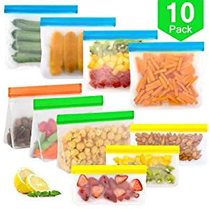 Reusable Storage Bags10 Pack Ziplock Mix Stand up & Flat Freezer Bags (4 Reusable Sandwich Bags+3 Snack Bag+3 Stand up Bag) BPA Free Reusable Storage Bags for Food, Lunch, Make-up, Travel, Home