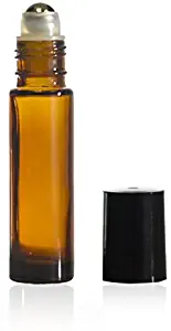 10 ml (1/3 oz) Amber Glass Roll on Bottle with Stainless Steel Ball & BPA Free Black Caps (12)