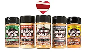 Bacon Salt Sampler Gift Set (5 Pack + Sticker) - Original, Hickory, Cheddar, Peppered & Jalapeno Bacon Flavored Salts Variety + Bacon Heart Sticker