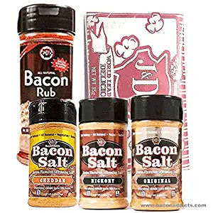 Favorite Flavors Bacon Sampler Pack (5pc Gift Set) - Original Bacon Salt, Cheddar Bacon Salt, Hickory Bacon Salt, Bacon BBQ Rub & Bacon Popcorn
