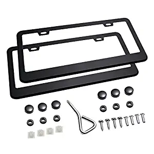 Ohuhu Matte Aluminum License Plate Frame with Black Screw Caps, 2Pcs 2 Holes Black Licenses Plates Frames, Car Licenses Plate Covers Holders for US Vehicles