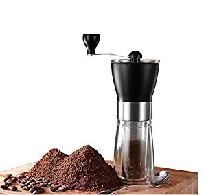 T-mark Manual Coffee Grinder, Hand Portable Bean Mill Stainless Steel Handle Adjustable Ceramic Burr Assembly for Travel