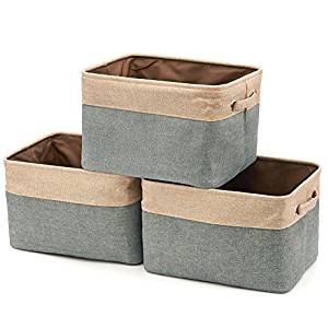 EZOWare Set of 3 Collapsible Large Cube Fabric Linen Canvas Storage Bins Baskets for Shelves Cubby Laundry Playroom Closet Clothes Shoe Baby Toy with Handles (Brown/Gray)