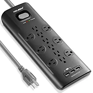 HOLSEM 12 Outlets Surge Protector Power Strip with 3 Smart USB Charging Ports (5V/3.1A) and 6' Heavy Duty Extension Cord, Black