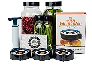 Easy Fermenter Wide Mouth Lid Kit: Simplified Fermenting In Jars Not Crock Pots! Make Sauerkraut, Kimchi, Pickles Or Any Fermented Probiotic Foods. 3 Lids(jars not incld), Extractor Pump & Recipes